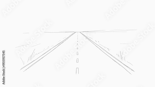 Sketch of an open road stretching towards a distant horizon with simple grass detail