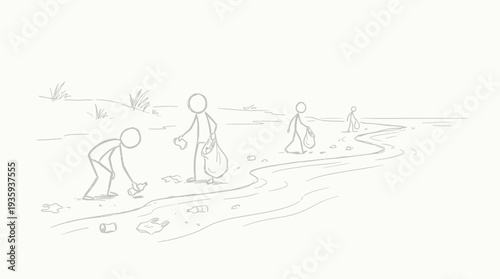 Sketchy figures cleaning up a littered shoreline to protect the environment