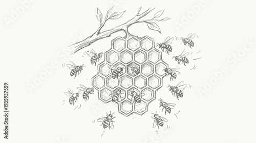 Sketchy Bees Buzzing Around Honeycomb Suspended from a Twig