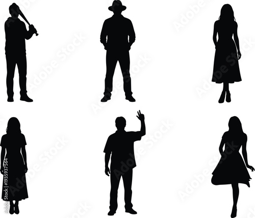 Black silhouettes of diverse people in various poses and attire, including casual stances, waving, and holding objects, ideal for design, animation, or body language studies.