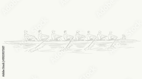 Synchronized rowing team on a serene water surface depicted in a minimalist line art style