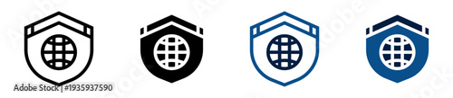 Conjunto de iconos de seguridad global. Escudo. Protección internacional, defensa mundial, cobertura digital, resguardo en línea, blindaje tecnológico. Ilustración vectorial