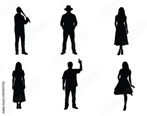 Black silhouettes of diverse people in various poses and attire, including casual stances, waving, and holding objects, ideal for design, animation, or body language studies.
