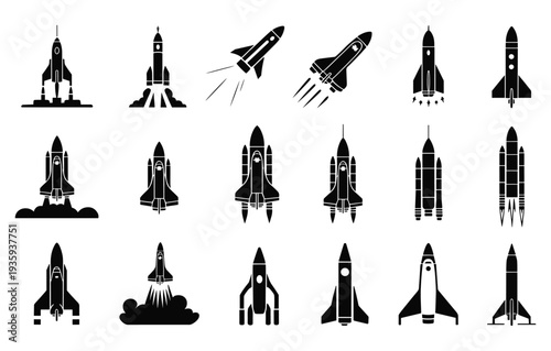 Collection of black and white rocket ship in diverse styles and positions