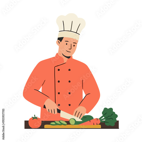 Flat vector illustration depicting chefs cutting food ingredients in the kitchen.