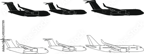 Black silhouettes and line drawings of military cargo aircraft and commercial passenger jets, highlighting design differences in wings, engines, fuselage, and tail structures for aviation studies.