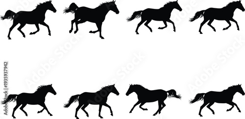 Set of eight elegant black horse silhouettes in different running and galloping movements, vector art isolated on white, symbolizing freedom and endurance.