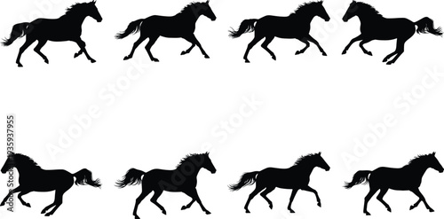 Dynamic vector of eight black horse silhouettes, showcasing various running gaits. Captures equine grace, speed, and athleticism, ideal for animation and design projects.