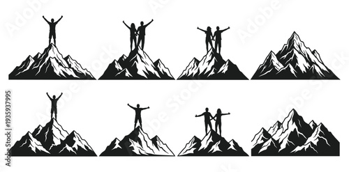 Black and white illustrations of mountain peaks with triumphant human figures raising arms, symbolizing achievement, adventure, exploration, and success, ideal for motivational or outdoor themes.