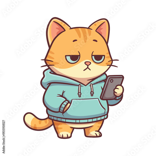 An unamused cartoon tabby cat character, dressed in a stylish blue hoodie and holding a smartphone. This charming vector illustration depicts a bored feline interacting with modern mobile technology