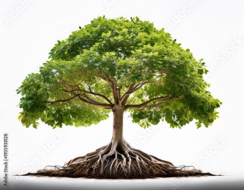 lush broadleaf tree with exposed root system suspended against a clean white background serene and grounding