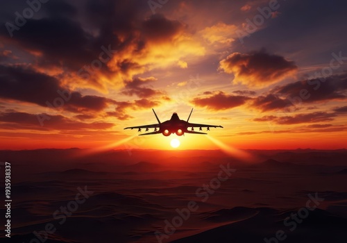 Military Jet Flying Silhouette Against Dramatic Sunset Sky Scenery