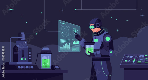 Astronaut Scientist in Futuristic Lab Analyzing Samples on Interactive Display