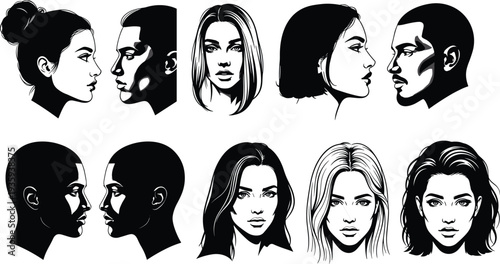 Stylized black and white illustrations of male and female human faces in profile and frontal views, emphasizing diverse expressions, hairstyles, and portrait art design.
