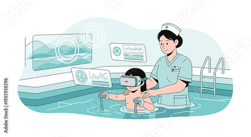 Child in VR goggles in pool with nurse, virtual reality therapy, rehabilitation