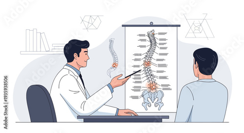 Doctor explaining spine anatomy to patient during consultation, medical examination