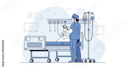 Doctor in scrubs using tablet in hospital room with patient and IV drip