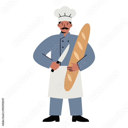 Flat vector illustration of a baker holding a baguette and knife. Ideal for bakery, bread production, and artisan food concepts