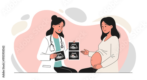 Doctor shows ultrasound to pregnant woman, happy expectant mother and medical professional