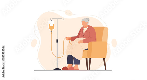 Elderly woman receiving chemotherapy infusion in armchair at home, medical treatment concept
