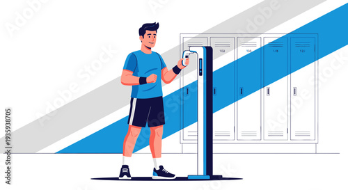 Man using smart locker in gym changing room with lockers background