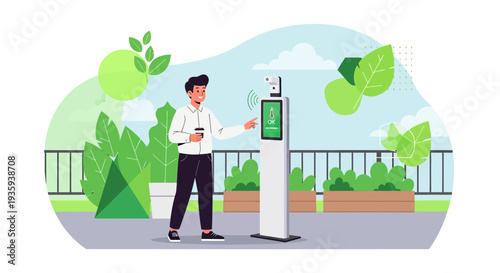 Man using smart recycling bin with touch screen and plant icon, eco-friendly technology