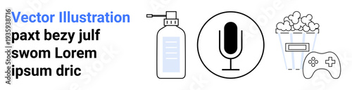 Media, entertainment, hygiene, podcasting, gaming, lifestyle. Black microphone, hand sanitizer popcorn and game controller with clean outlines. Media and entertainment visual concept