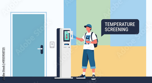 Man using temperature screening kiosk for health check at entrance