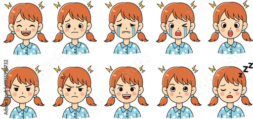 Cartoon illustration of red‑haired girl in blue polka‑dot shirt showing ten distinct facial expressions, representing emotions like happiness, sadness, anger, surprise, and sleepiness.