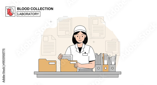 Medical professional organizing files in a laboratory setting, blood collection concept