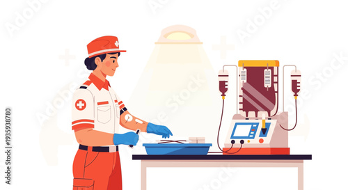 Medical professional performing blood donation procedure with apheresis machine