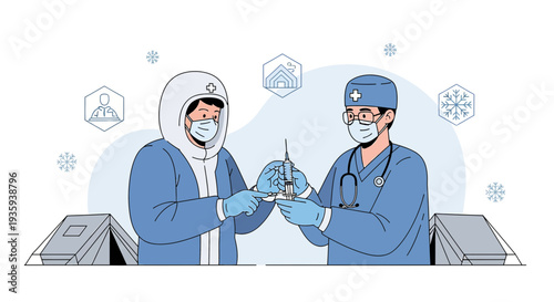 Medical professionals in protective gear and doctor with vaccine in winter setting