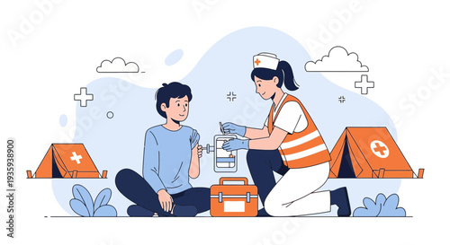 Nurse administering vaccine to patient in outdoor clinic with tents and medical kit