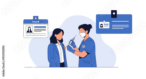 Nurse Administering Vaccine to Patient, ID Badges Symbolizing Health Records and Identification