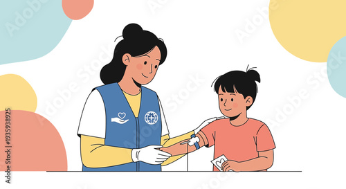 Nurse applying bandage to child's arm after vaccination, healthcare concept