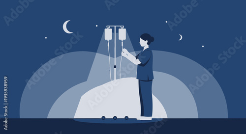 Nurse Caring for IV Drip at Night, Medical Care, Healthcare, Hospital, Night Shift