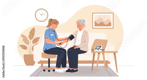 Nurse checking elderly woman's blood pressure at home, healthcare concept