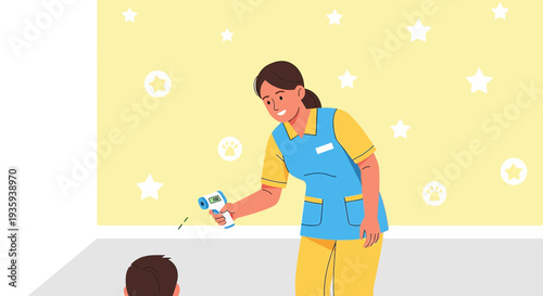 Nurse checks child's temperature with infrared thermometer at kindergarten entrance