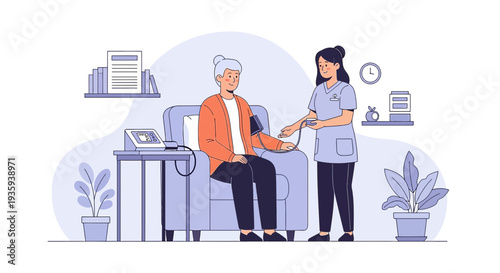 Nurse checking elderly patient's blood pressure at home, healthcare concept