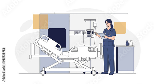 Nurse checking patient data on tablet in modern hospital room with adjustable bed and IV drip
