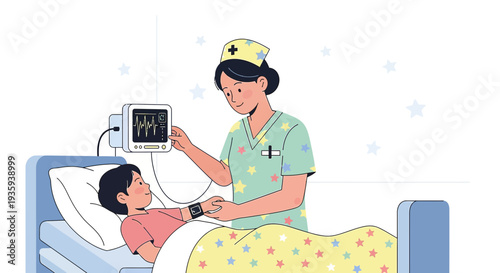 Nurse checks child's vital signs on monitor in hospital room, pediatric care