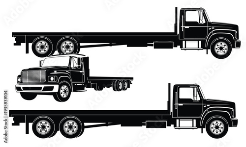 Black and white vector illustrations of flatbed trucks from side and angled perspectives, showing cab details, wheels, and flatbed design for logistics or transportation themes.