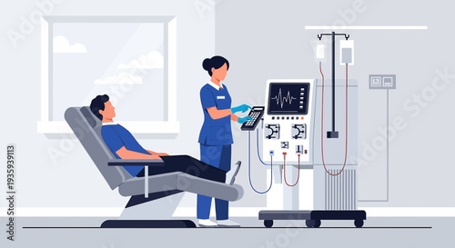 Nurse monitors patient undergoing dialysis treatment in modern clinic room