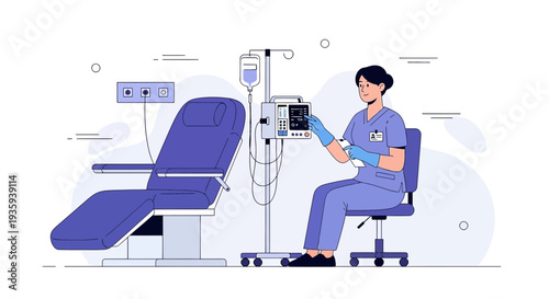 Nurse preparing IV drip in modern clinic room with medical equipment and chair