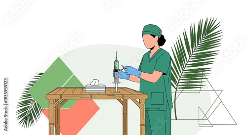 Nurse preparing injection with syringe and medical supplies on table, healthcare concept