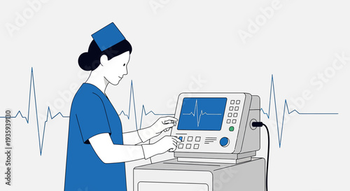 Nurse operating medical monitor with heart rate graph, healthcare technology concept