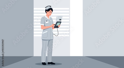 Nurse using digital tablet for patient care in modern hospital hallway