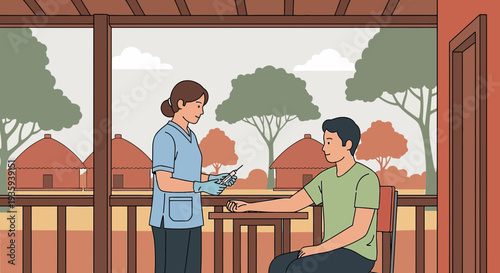 Nurse taking blood sample from patient in rural village setting