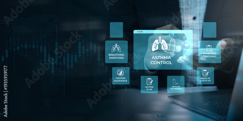 Tableau sur toile Digital interface displays information on asthma control including breathing exe