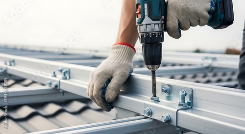Person with White Gloves Attaching Metal Bracket to Rooftop Using Cordless Drill in Construction Environment with Blurred Metal Panels